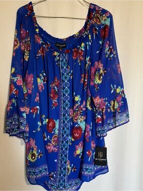 New I.N. Studio Women's 2X Blue Floral Boho Peasant Flowy Blouse